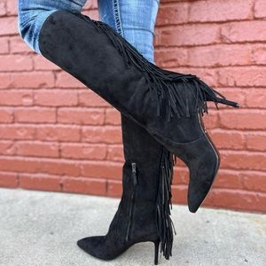 Black leather suede fringe knee high boots pointy toe